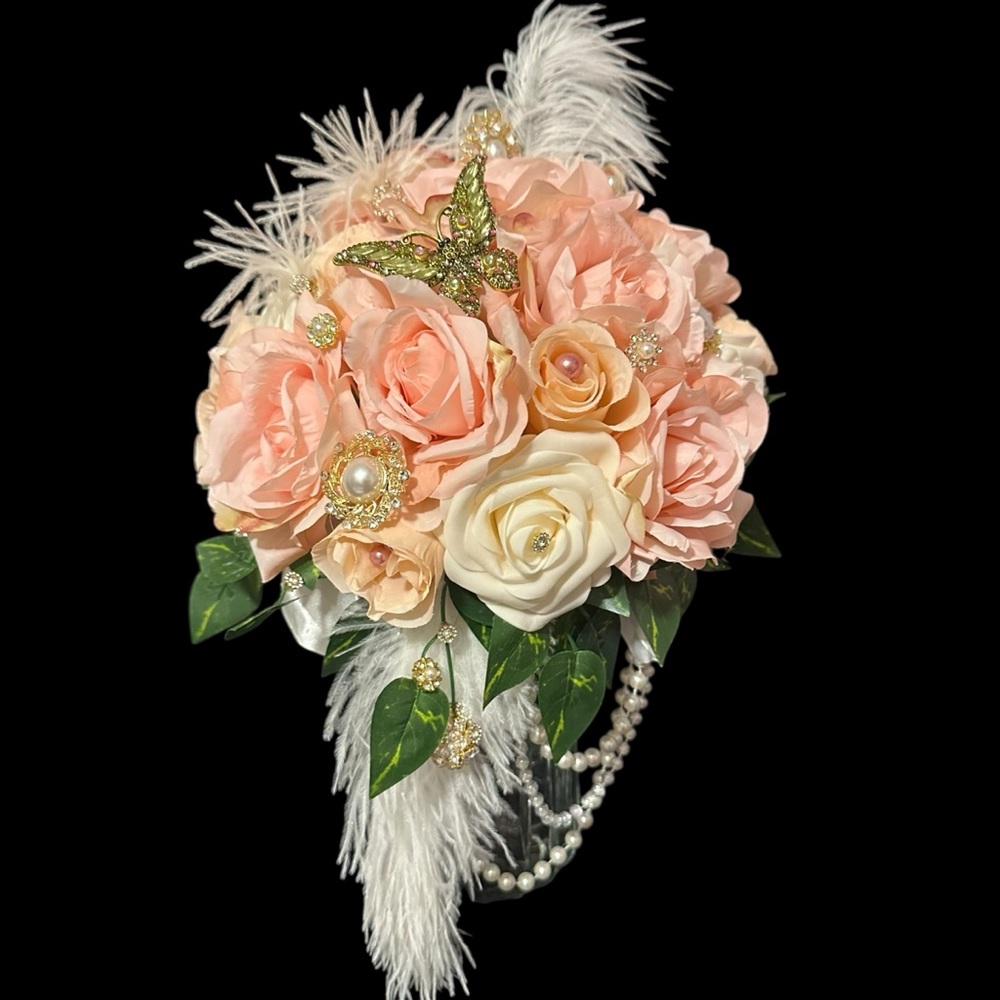 Wedding Flowers Custom Bridal Bouquet Roses Feathers Pearls Brooch Bride NEW